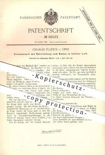 original Patent - Charles Fulpius in Genf , 1890 , Krankenbett mit Vorrichtung zum Baden in heißer Luft !!!