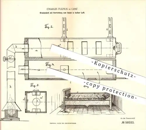 original Patent - Charles Fulpius in Genf , 1890 , Krankenbett mit Vorrichtung zum Baden in heißer Luft !!!