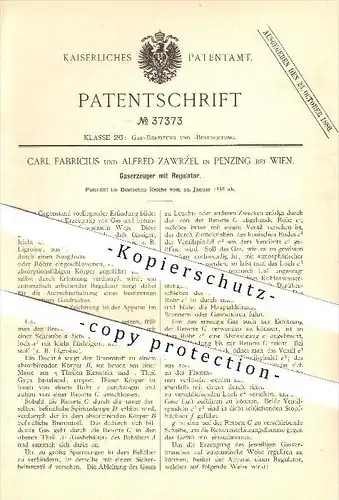 original Patent - Carl Fabricius & Alfred Zawrzel in Penzing bei Wien , 1886 , Gaserzeuger mit Regulator , Gas !!!