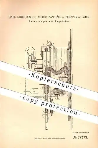 original Patent - Carl Fabricius & Alfred Zawrzel in Penzing bei Wien , 1886 , Gaserzeuger mit Regulator , Gas !!!