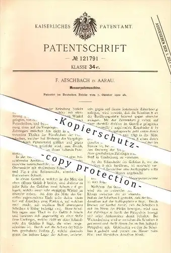 original Patent - F. Aeschbach in Aarau , 1900 , Messerputzmaschine , Messer !!!