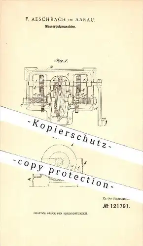 original Patent - F. Aeschbach in Aarau , 1900 , Messerputzmaschine , Messer !!!