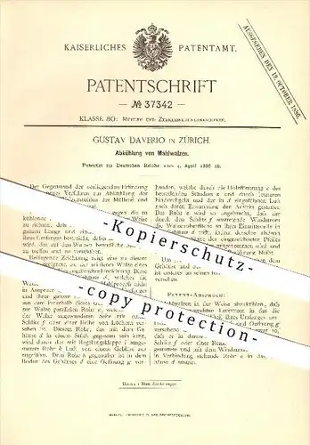 original Patent - Gustav Daverio in Zürich , 1886 , Abkühlung von Mahlwalzen , Mühlen !!!