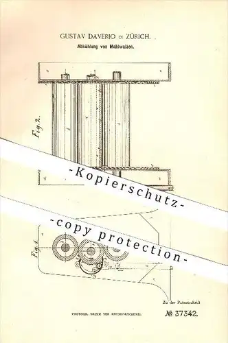 original Patent - Gustav Daverio in Zürich , 1886 , Abkühlung von Mahlwalzen , Mühlen !!!