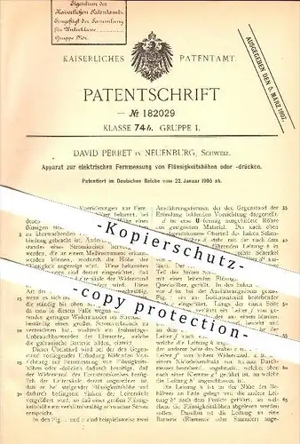 original Patent - David Perret in Neuenburg , 1905 , Apparat zur elektr. Messung von Flüssigkeitshöhen u. -drücken !!!