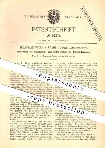 original Patent - S. Wolf in Stahlhammer , Schlesien , 1887 , Verwertung des Kalkschlamms bei Zellstofferzeugung !!!