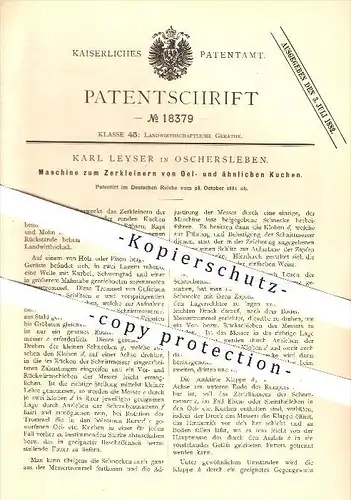 original Patent - Karl Leyser in Oschersleben , 1881 , Zerkleinerungsmaschine für Öl und Kuchen , Geräte !!!
