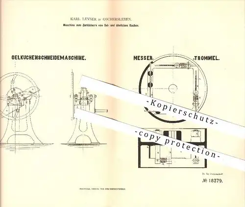 original Patent - Karl Leyser in Oschersleben , 1881 , Zerkleinerungsmaschine für Öl und Kuchen , Geräte !!!