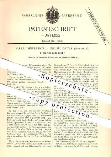 original Patent - Carl Oertling in Neumünster , 1881 , Billardkontrolluhr , Billard , Uhren !!!