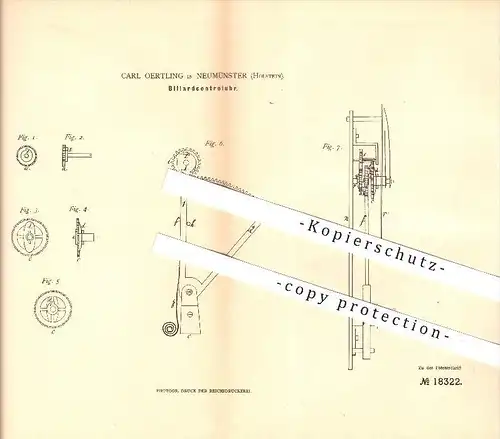 original Patent - Carl Oertling in Neumünster , 1881 , Billardkontrolluhr , Billard , Uhren !!!