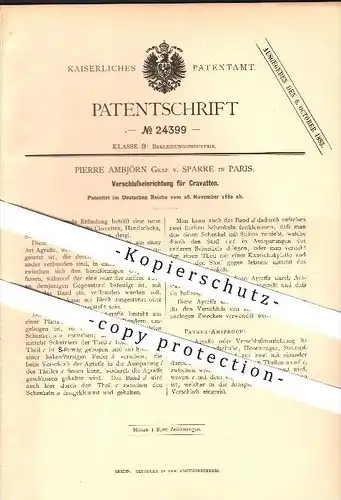 original Patent - Pierre Ambjörn Graf von Sparre in Paris , Frankreich , 1882 , Verschluss für Krawatten !!!