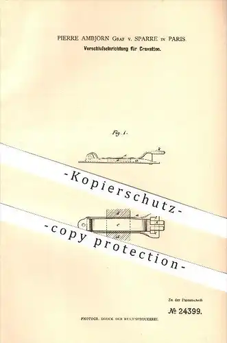 original Patent - Pierre Ambjörn Graf von Sparre in Paris , Frankreich , 1882 , Verschluss für Krawatten !!!