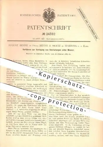 original Patent - August Behne in Fa. Behne & Hertz in Harburg a. Elbe , 1883 , Verlegung von Leitungen unter Wasser !!!