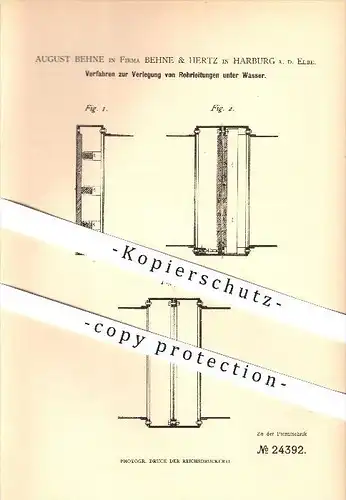 original Patent - August Behne in Fa. Behne & Hertz in Harburg a. Elbe , 1883 , Verlegung von Leitungen unter Wasser !!!