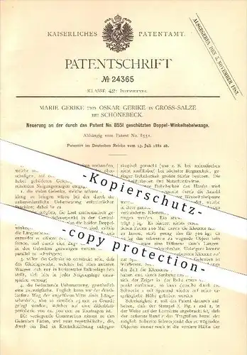 original Patent - Marie & Oskar Gerike in Groß Salze b. Schönebeck , 1882 , Neuerung an Doppel-Winkelhebelwaage !!!