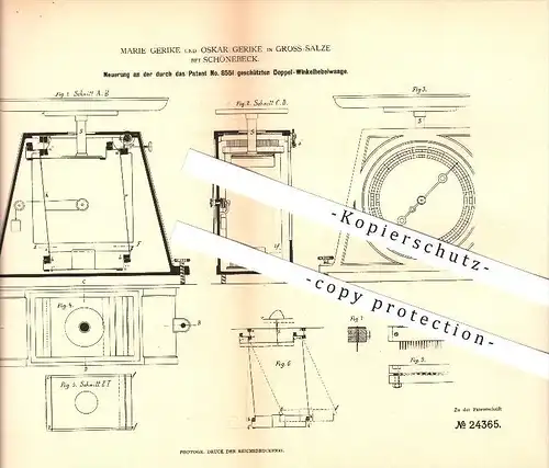 original Patent - Marie & Oskar Gerike in Groß Salze b. Schönebeck , 1882 , Neuerung an Doppel-Winkelhebelwaage !!!