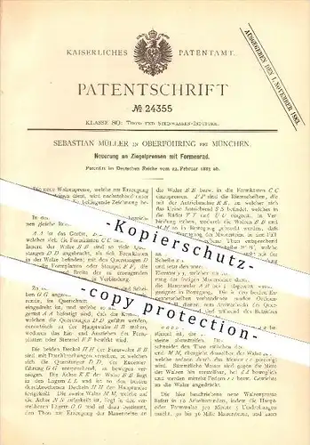 original Patent - Sebastian Müller in Oberföhring b. München , 1883 , Ziegelpressen mit Formenrad , Tonwaren !!!