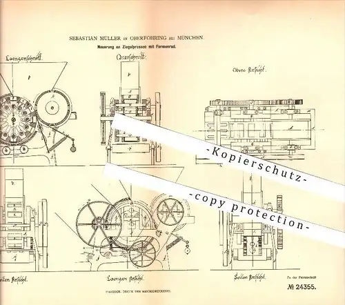 original Patent - Sebastian Müller in Oberföhring b. München , 1883 , Ziegelpressen mit Formenrad , Tonwaren !!!