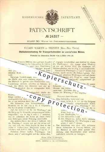 original Patent - Eugen Warth in Heinitz b. Neunkirchen , 1883 ,  Transportschnecken an Lucop'schen Mühlen !!!