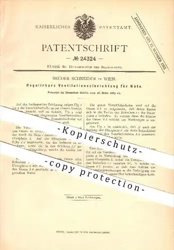 original Patent -  Brüder Schneider in Wien , Österreich , 1883 , Ventilation für Hüte , Hutherstellung !!!