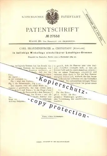 original Patent - Carl Brandenburger in Cronstadt , Russland , 1883 , Verstellbarer Leuchtgas-Brenner , Gas , Kronstadt