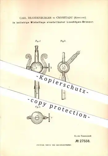 original Patent - Carl Brandenburger in Cronstadt , Russland , 1883 , Verstellbarer Leuchtgas-Brenner , Gas , Kronstadt