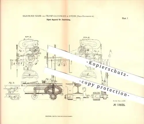 original Patent - Sigismund Mahr & Franz Gattinger in Steyr , Österreich , 1881 , Signal Apparat für Zugdeckung !!!