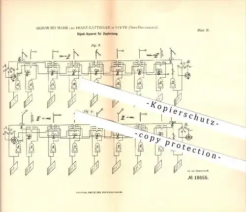 original Patent - Sigismund Mahr & Franz Gattinger in Steyr , Österreich , 1881 , Signal Apparat für Zugdeckung !!!