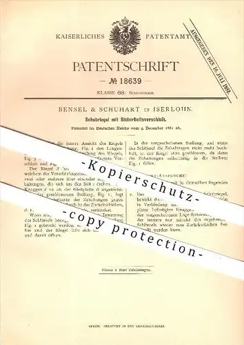 original Patent - Bensel & Schuhart in Iserlohn , 1881 , Schubriegel mit Sicherheitsverschluss , Schlosserei !!!