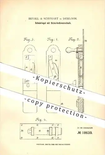 original Patent - Bensel & Schuhart in Iserlohn , 1881 , Schubriegel mit Sicherheitsverschluss , Schlosserei !!!