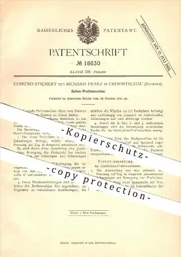 original Patent - Edmund Stichert & Richard Franz in Crimmitschau , 1881 , Ballen Pressmaschine , Pressen !!!