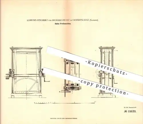 original Patent - Edmund Stichert & Richard Franz in Crimmitschau , 1881 , Ballen Pressmaschine , Pressen !!!