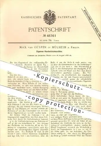 original Patent - Max van Gülpen in Mülheim , 1888 , Zigarren Handwickelmaschine , Tabak !!!