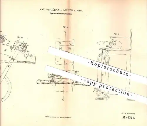 original Patent - Max van Gülpen in Mülheim , 1888 , Zigarren Handwickelmaschine , Tabak !!!