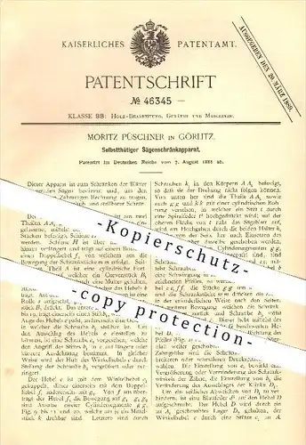 original Patent -  Moritz Püschner in Görlitz , 1888 , Selbsttätiger Sägenschrankapparat , Holzbearbeitung !!!