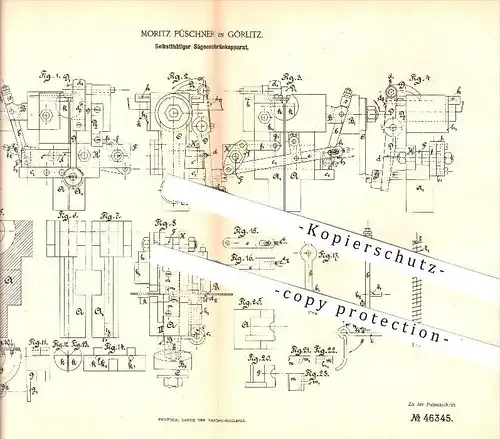 original Patent -  Moritz Püschner in Görlitz , 1888 , Selbsttätiger Sägenschrankapparat , Holzbearbeitung !!!