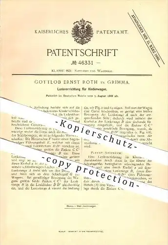 original Patent - Gottlob Ernst Roth in Grimma , 1888 , Lenkung für Kinderwagen , Wagenbau !!!