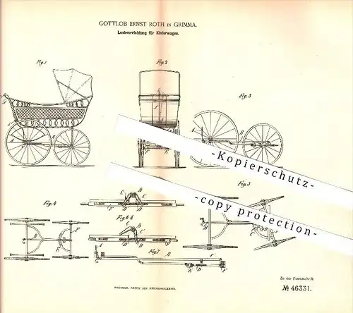 original Patent - Gottlob Ernst Roth in Grimma , 1888 , Lenkung für Kinderwagen , Wagenbau !!!