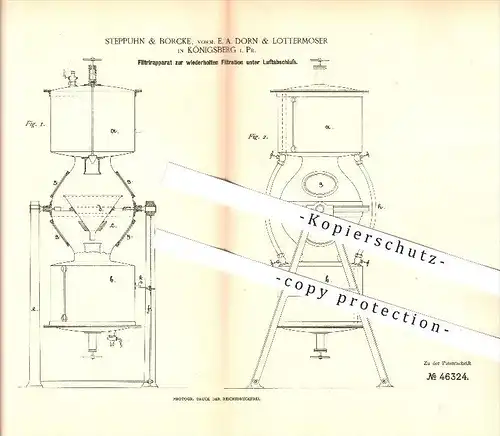 original Patent - Steppuhn & Borcke in Königsberg , 1888 , Apparat zur Filtration unter Luftabschluss !!!