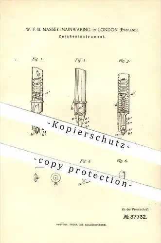 original Patent - W.F.B. Massey-Mainwaring in London , England , 1886 , Zeicheninstrument , Schreibmaterialien !!!   !!!