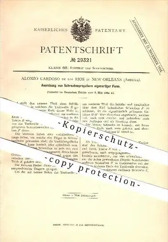 original Patent - Alonzo Cardoso de los Rios in New Orleans , Amerika , 1884 , Anordnung von Schraubenpropellern !!!
