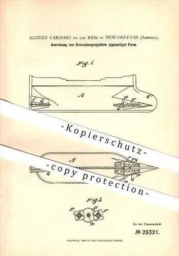 original Patent - Alonzo Cardoso de los Rios in New Orleans , Amerika , 1884 , Anordnung von Schraubenpropellern !!!