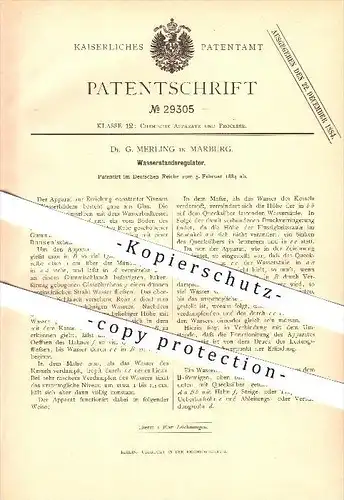 original Patent -   Dr. G. Merling in Marburg , 1884 , Wasserstandsregulator , Apparate !!!