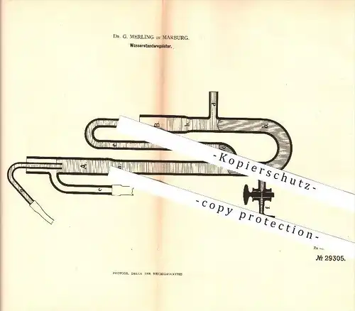 original Patent -   Dr. G. Merling in Marburg , 1884 , Wasserstandsregulator , Apparate !!!