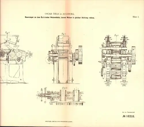original Patent - Oscar Öxle in Augsburg , 1894 , Apparatur für Walzenstühle , Windmühle !!!