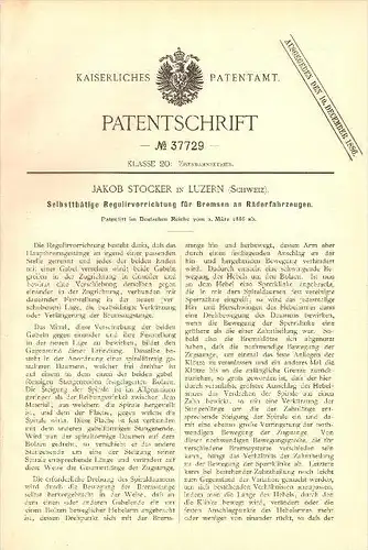 original Patent - Jakob Stocker in Luzern , 1886 , Regulierung für Bremsen , Eisenbahn !!!