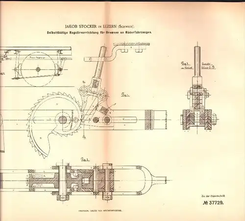 original Patent - Jakob Stocker in Luzern , 1886 , Regulierung für Bremsen , Eisenbahn !!!