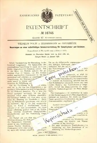 Original Patent - Wilhelm Polis in Haßbergen , 1881 , Schmiervorrichtung für Dampfcylinder , Osnabrück !!!