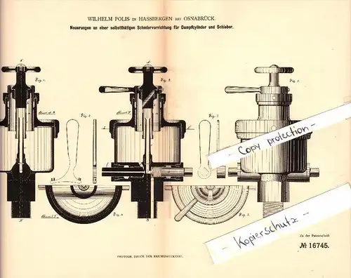 Original Patent - Wilhelm Polis in Haßbergen , 1881 , Schmiervorrichtung für Dampfcylinder , Osnabrück !!!