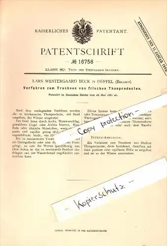 Original Patent - Lars Westergaard Beck in Duffel / Mechelen , 1881 , Trocknen von frischem Thon , Keramik !!!
